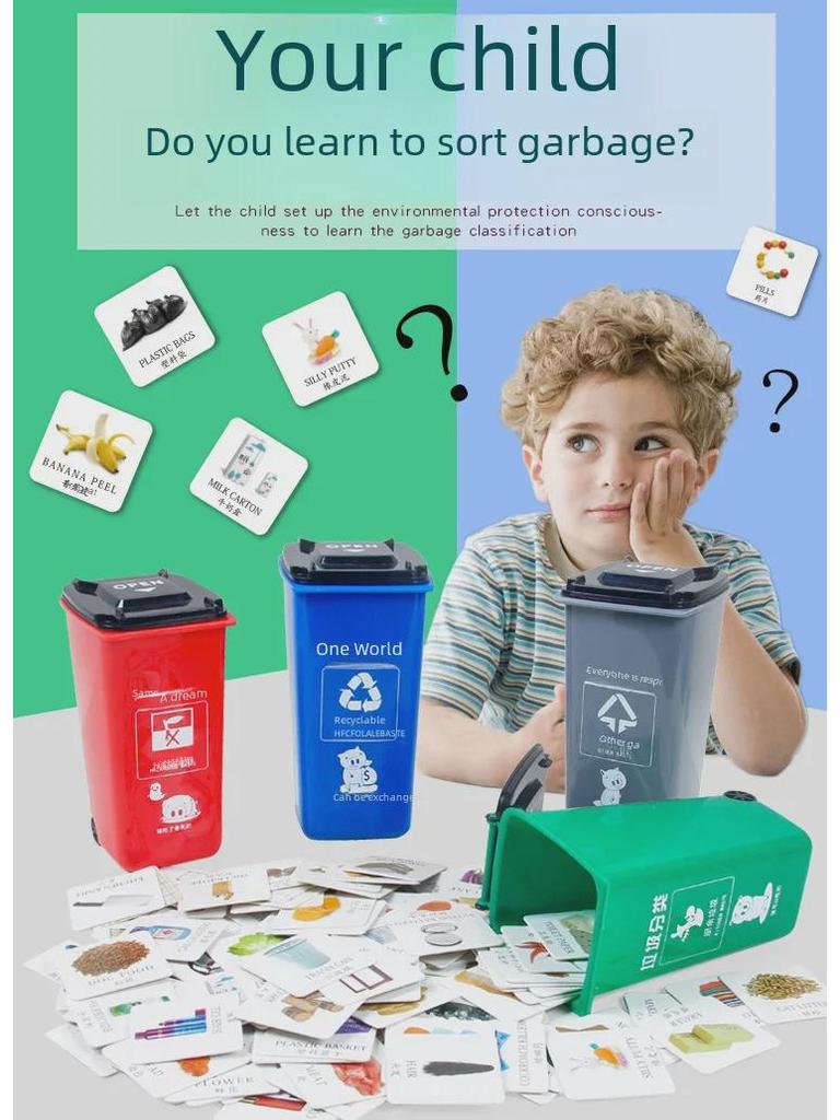 Игровой набор «Переработка»: Мини-мусорное ведро и карточки для дошкольного образования