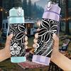 1PC Tropical Black Flower 750ml Color Plastic Sports Water Bottle Leakproof Flip Straw Lid For Sports Office Home Use