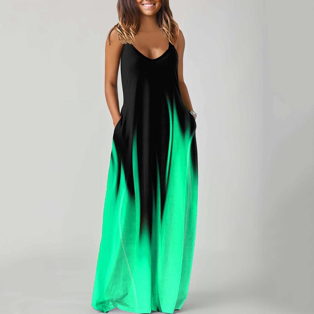 Women Pocket Print Dress Beach Parties Vest Party Sleeveless Super Long Dress