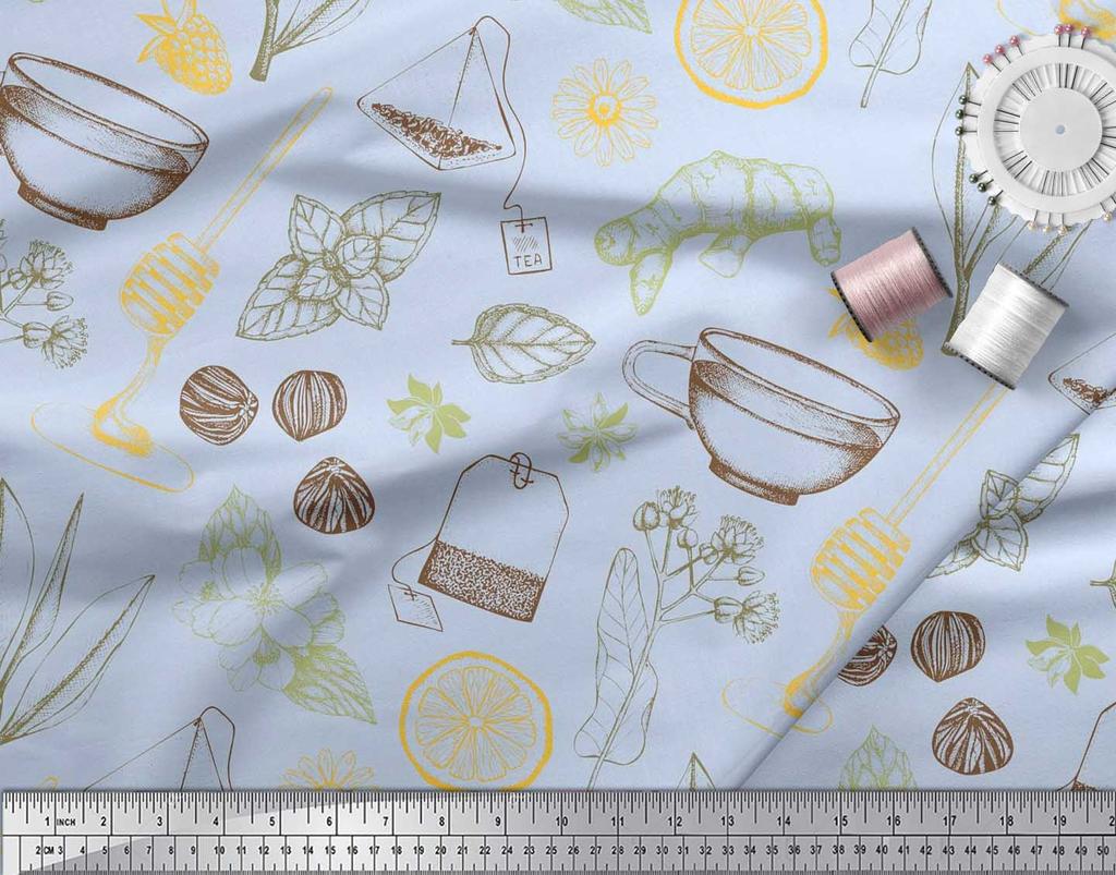 Soimoi Синяя чашка для чая из полиэфирной ткани | Звездчатый анис и ломтики лимона, растительная ткань с принтом в ярдах, 42 дюйма