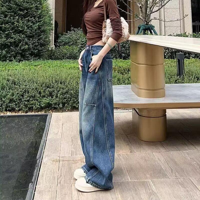 American retro washed old silhouette scimitar jeans loose wide legs lazy loose drape trousers