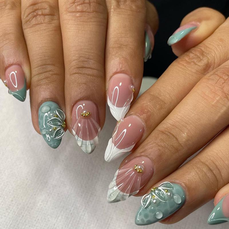 24Pcs 3D Green Ripple Cat Eye French Almond Fake Nails Leaf Pattern Removable Press On Nail Tips