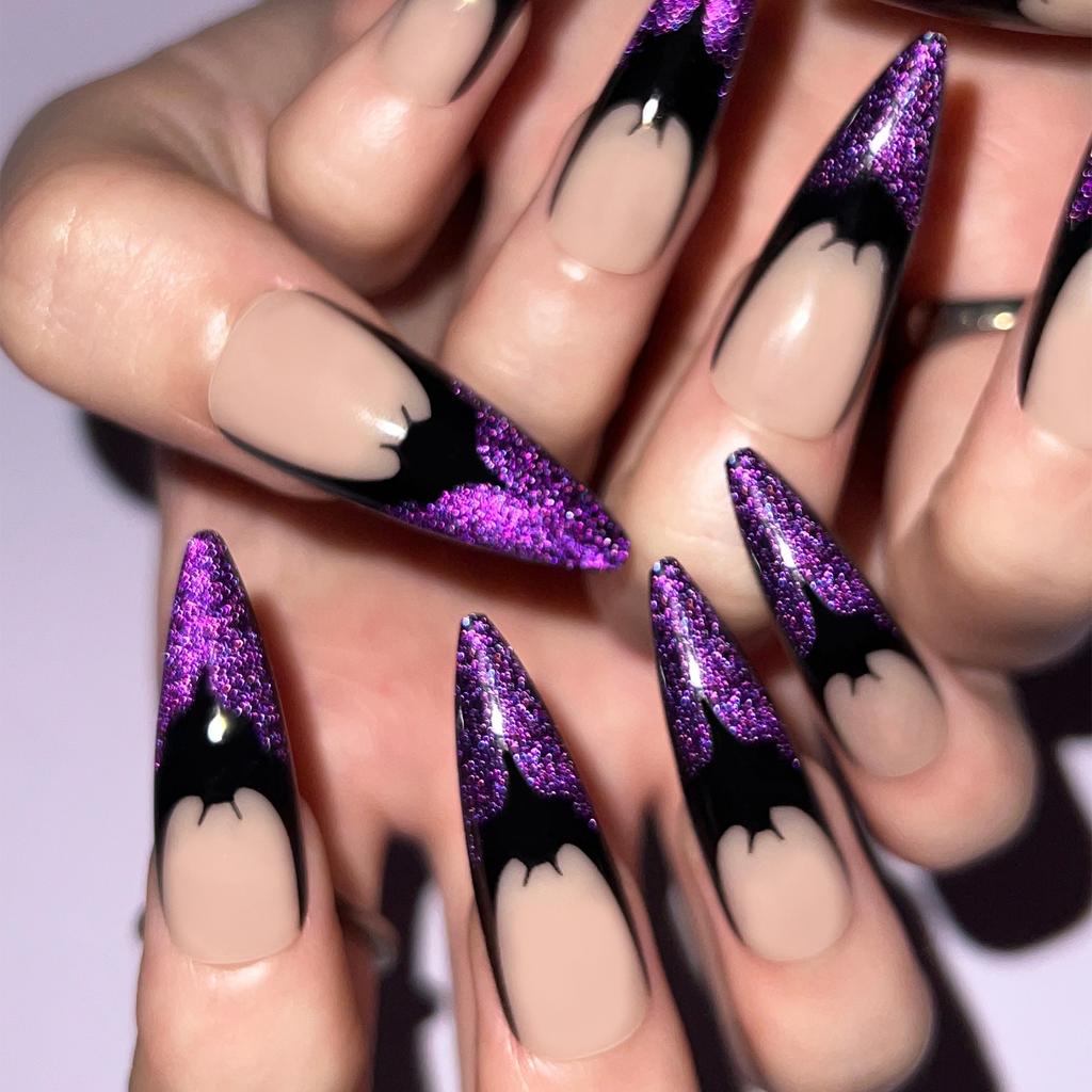 24 PCs Halloween Long Sharp Shape False Nail French Purple Wearable Nail Plate with 1 File and 1 Jelly Glue