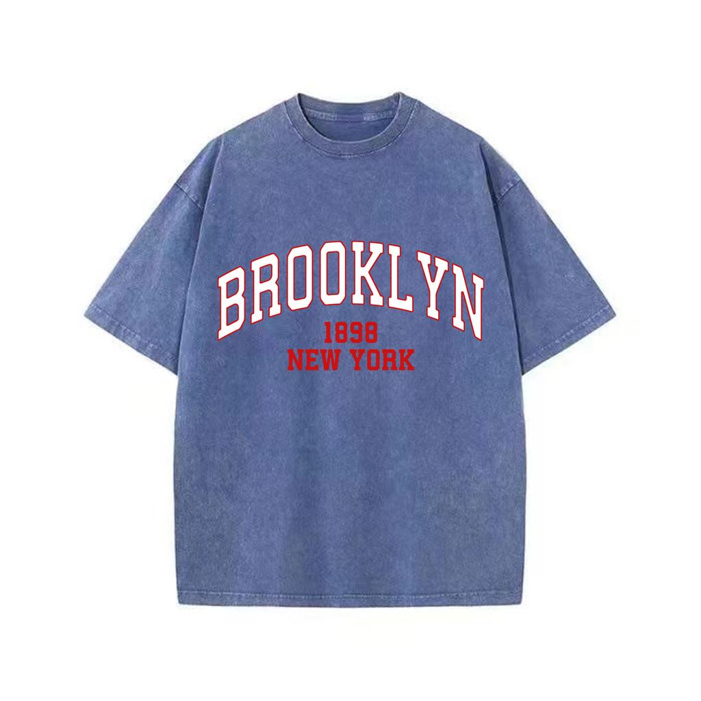 Retro Washed Vintage Brooklyn 1898 T-Shirt High Quality T-Shirts Summer Oversized Short Sleeve Clothes Cotton Loose Street Tops