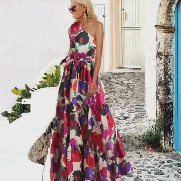 2025 Spring/Summer Women's Floral One-Shoulder Dress