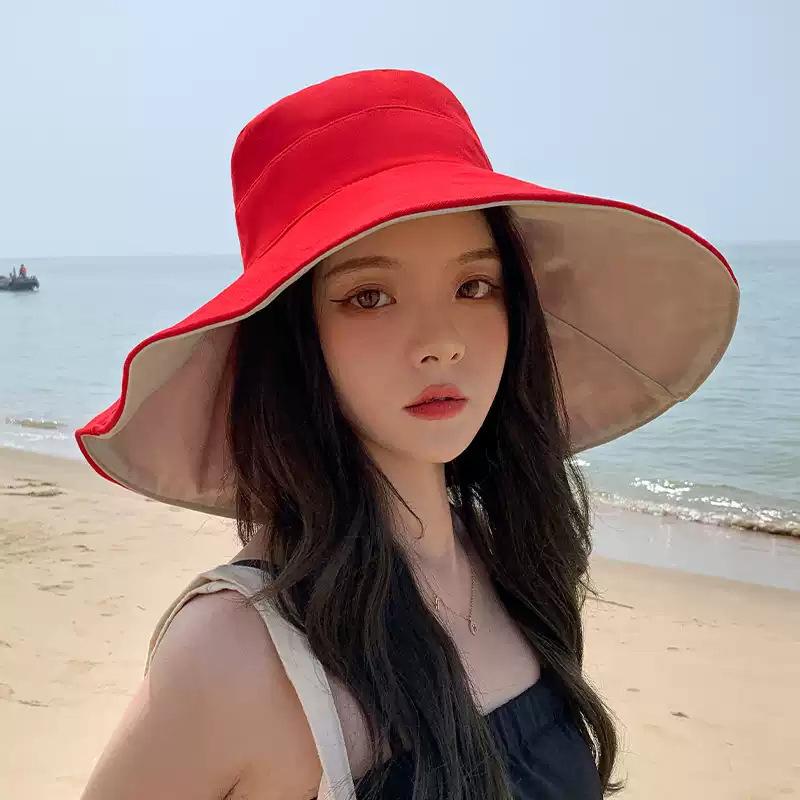 1Pc Summer Big Brim Sun Hat For Female Seaside Sun Protection Uv Beach Cap Double Sided Sun Hat Fisherman Hat W Windproof Rope