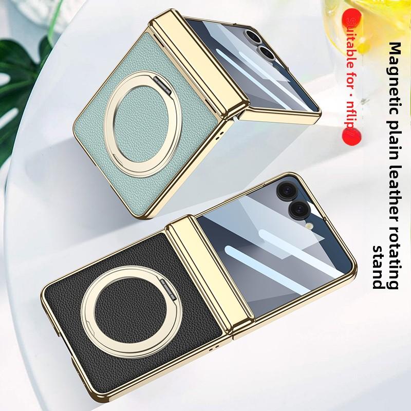 Для Samsung Galaxy Z Flip 7 Чехол Роскошная Кожа PU Кожа Шарнир MagSafe Магнитное Кольцо Подставка Защитная Задняя Крышка Для Z Flip7 Чехол