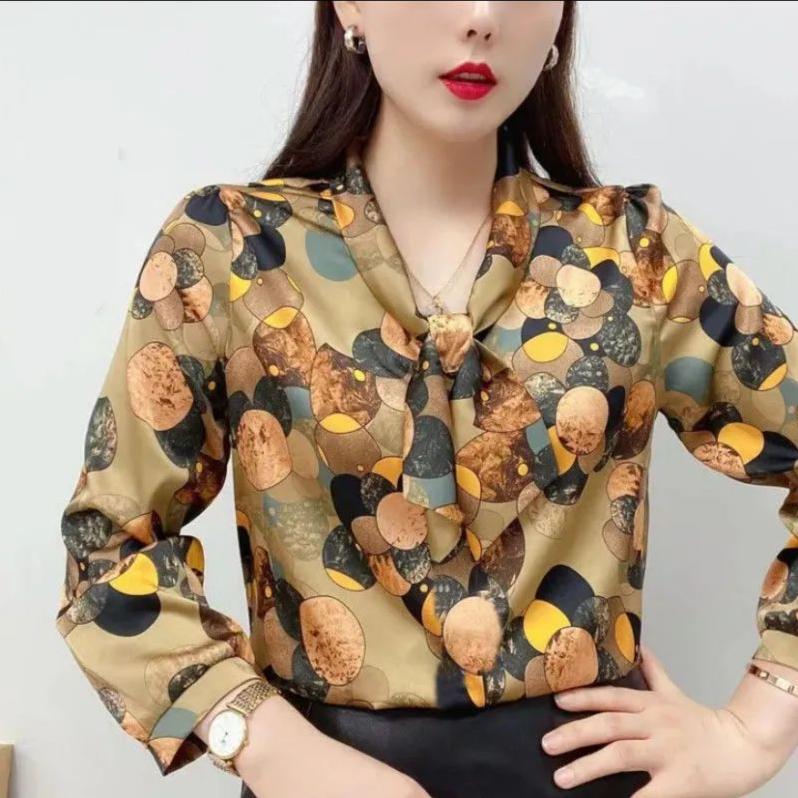 Chiffon Shirt Bow Lace-up Collar Half Sleeved Printed Top Women's Loose Thin Simple Casual Commute Top Elegant Temperament Spring and Summer