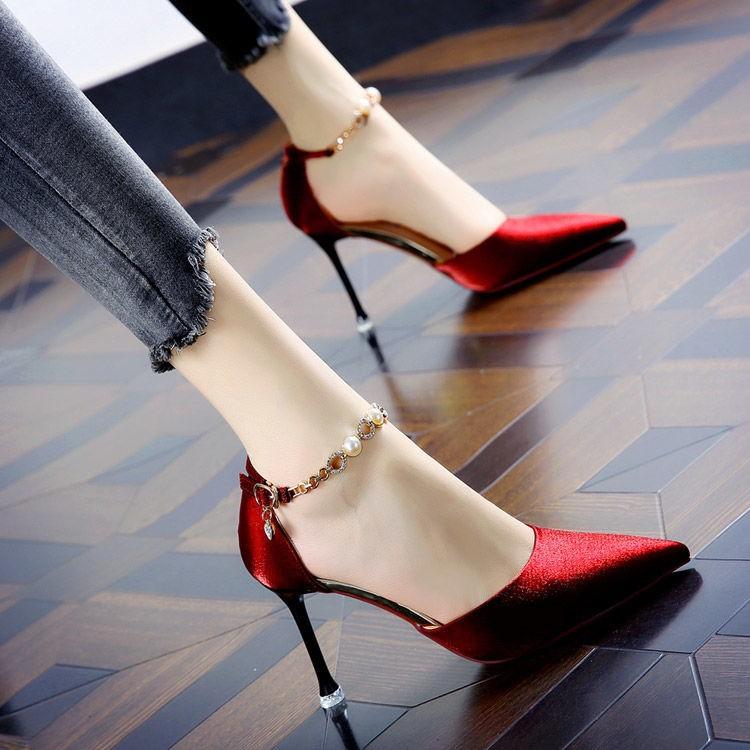 Red-soled High Heels, Sexy Satin One-word Buckle Pointed Rhinestones, Red Spring Stiletto Dress Women's Single Shoes
