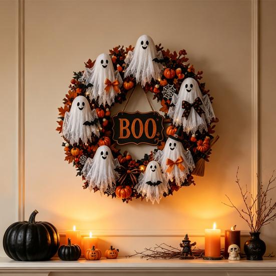 Artificial Fabric Wreath Halloween Boo Ghost Wreath, Spooky Door Hanging Decoration with Pumpkins Decorative Fall And Spider Webs for Front