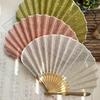 Japanese Style Retro Shell Shaped Fan Silk Cloth Bamboo Folding Fans with Pendant Wedding Hand Fans Solid Color Curved Fanbone
