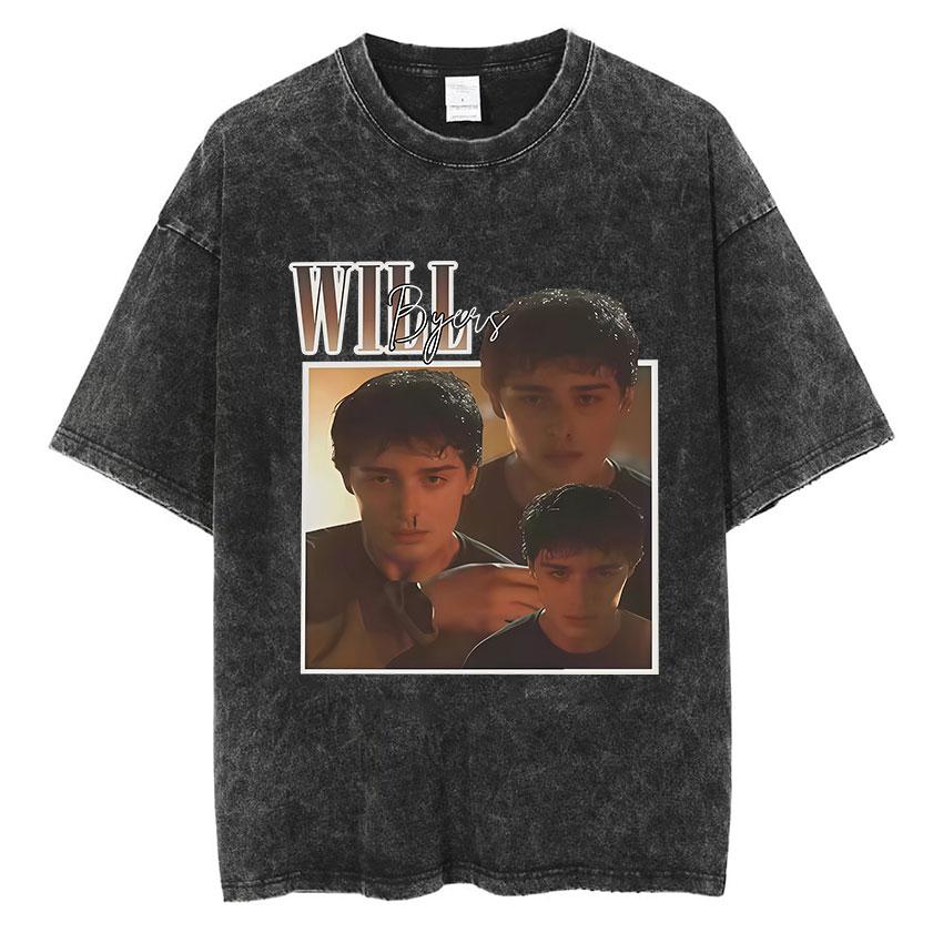 Vintage Washed Will Byers Graphic T Shirt Mens Fashion Pop TV Show Short Sleeve Tshirts Casual Cotton Tshirt Streetwear