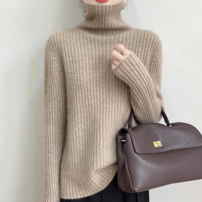 2025 Autumn/Winter High-Neck Pure Wool Ribbed Knitwear Loose Pullover Base Layer
