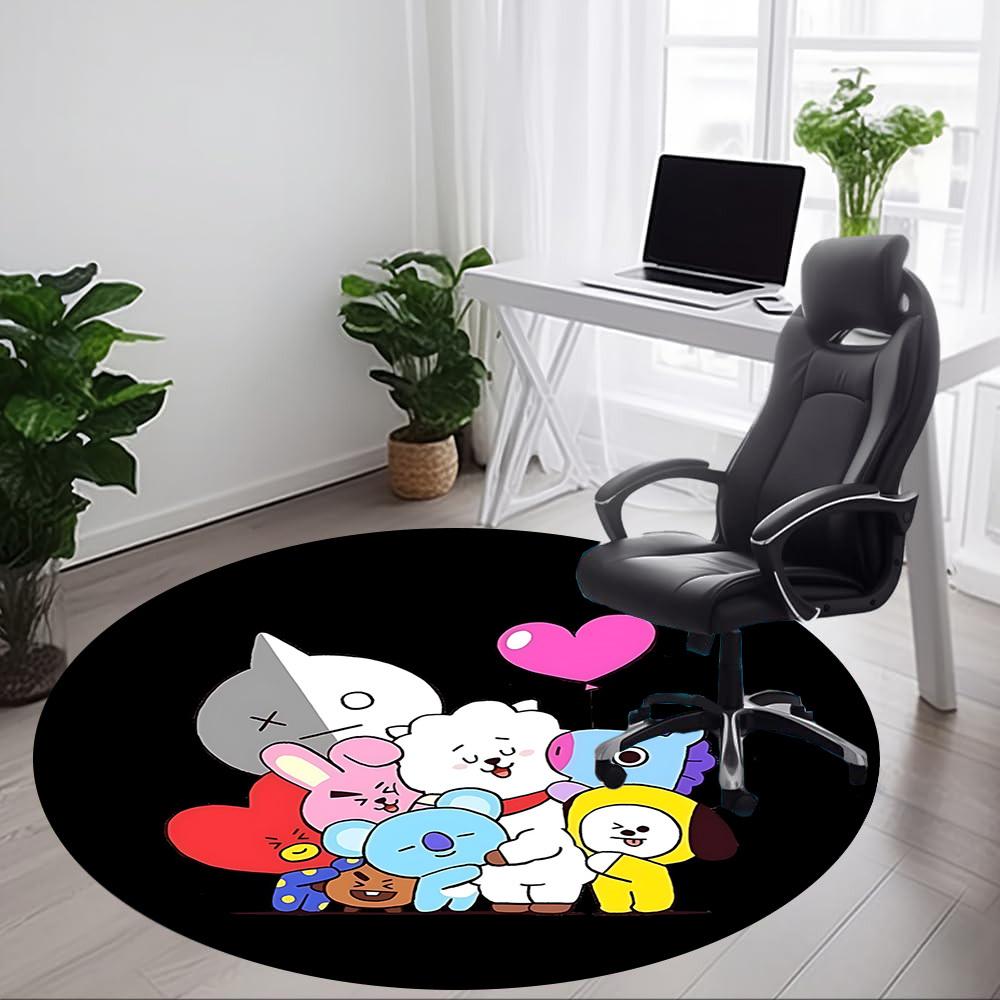 1 шт. Круглый коврик BT21 для офиса - Идеально подходит для декора офиса или кабинета, Машинная стирка, Нескользящая основа, Декоративный коврик для пола