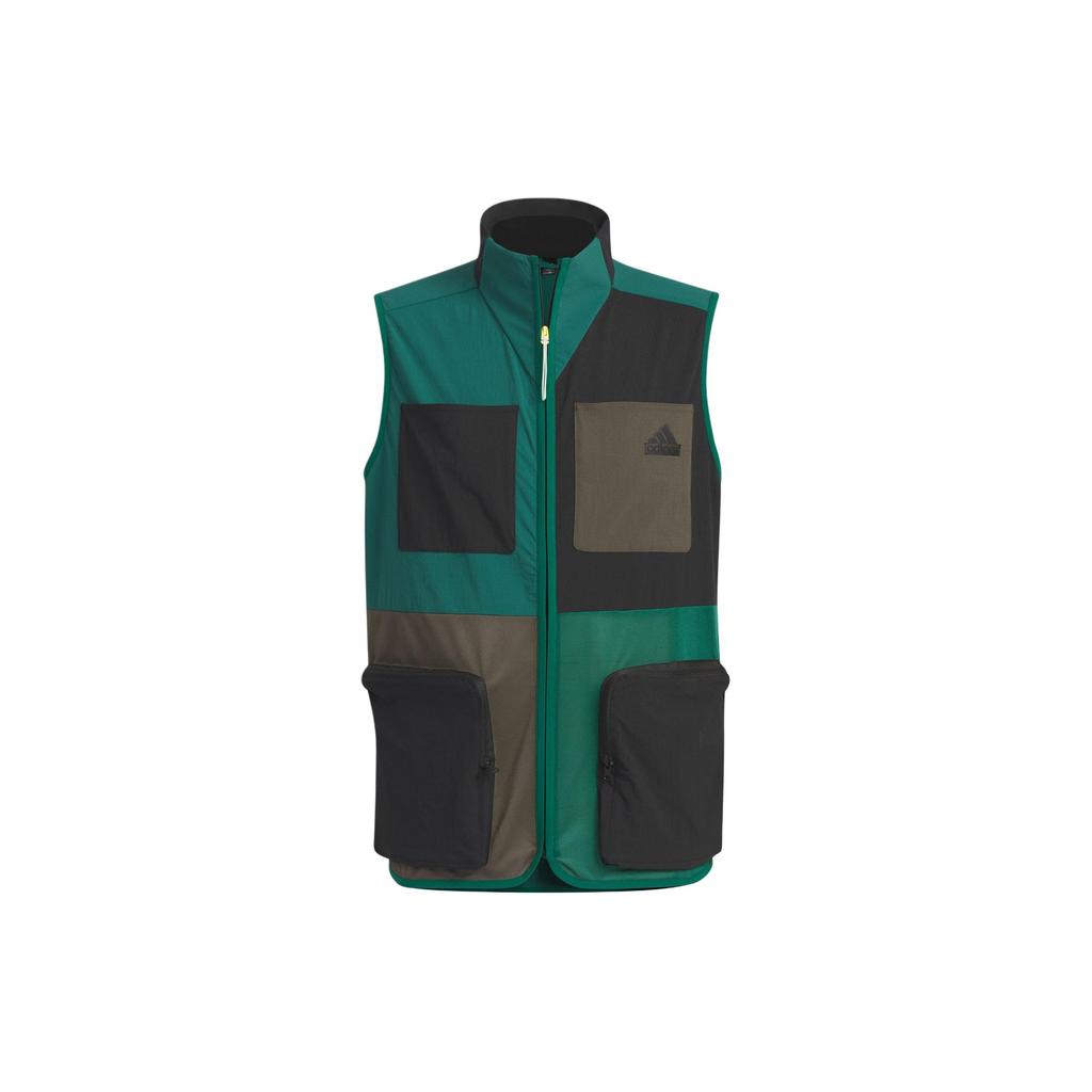 Adidas City Escape Woven Vest with Patchwork Print Logo and Stand Collar Unisex Vest Forest-Green JI9811