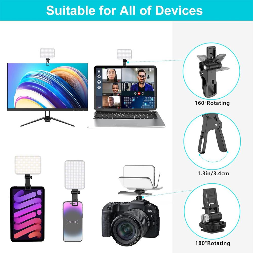 Minifocus Selfie Light, 60 LED 2200mAh Rechargeable Cell Phone Fill Light 7 Modes, 10-Level Brightness, Portable Clip On Light