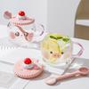 Креативная милая кружка из высокоборосиликатного стекла, розовая, с девичьим сердечком, подарок, чашка для воды с крышкой и ложкой, чашка с изображением свинки и кошки