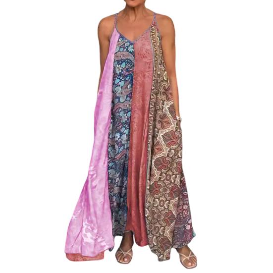 Летнее платье-комбинация с открытой спиной и без рукавов, свободный размер, трапециевидной формы, соответствующего цвета, плюс богемный принт, V-образный вырез, отпуск