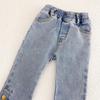 Джинсы для маленьких девочек, повседневные расклешенные брюки с эластичной талией, милые джинсовые джинсы, брюки-клеш с карманами, От 3 до 8 лет
