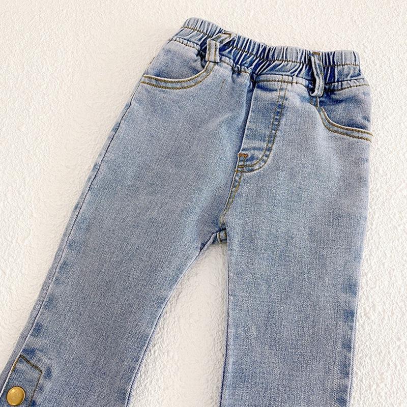 Джинсы для маленьких девочек, повседневные расклешенные брюки с эластичной талией, милые джинсовые джинсы, брюки-клеш с карманами, От 3 до 8 лет