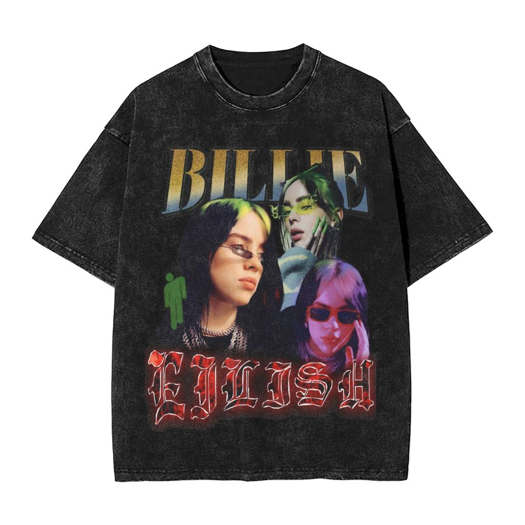 Singer BBillieGirl Eeilish Music Vintage Washed T Shirt Unisex Cotton Clothes Printed Round Neck Short Sleeve