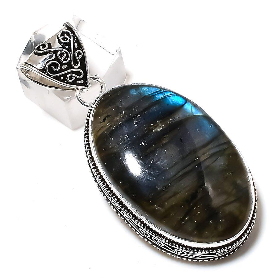 Natural Labradorite Gemstone Handmade 925 Sterling Silver Pendant 2.36" q1O58