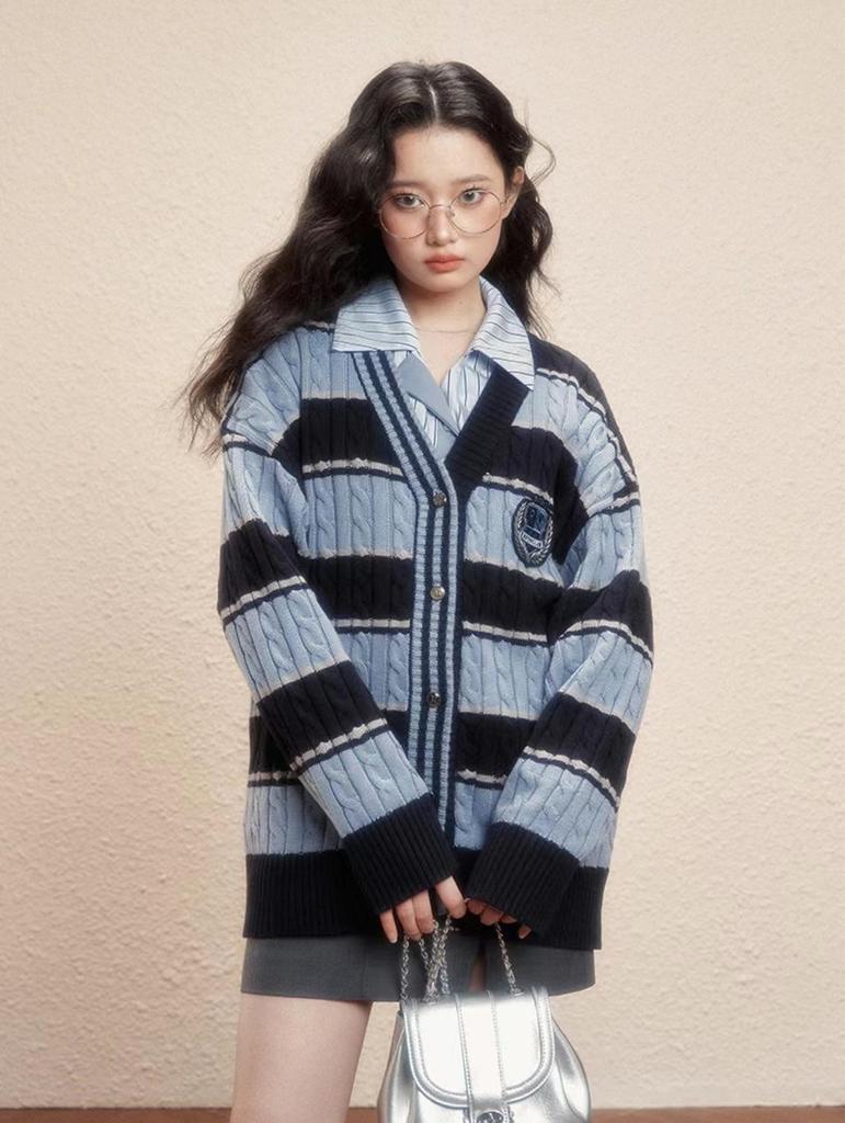Женский кардиган-жакет Harry Potter x JK с контрастным цветным узором и переплетением нитей — стиль колледжа, свободный крой, коллекция осень/зима