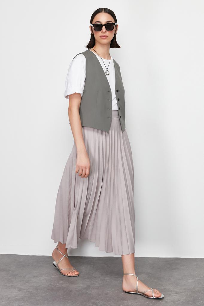 Women's Fashion Ecru Lined Polka Dot Pleated Woven Skirt