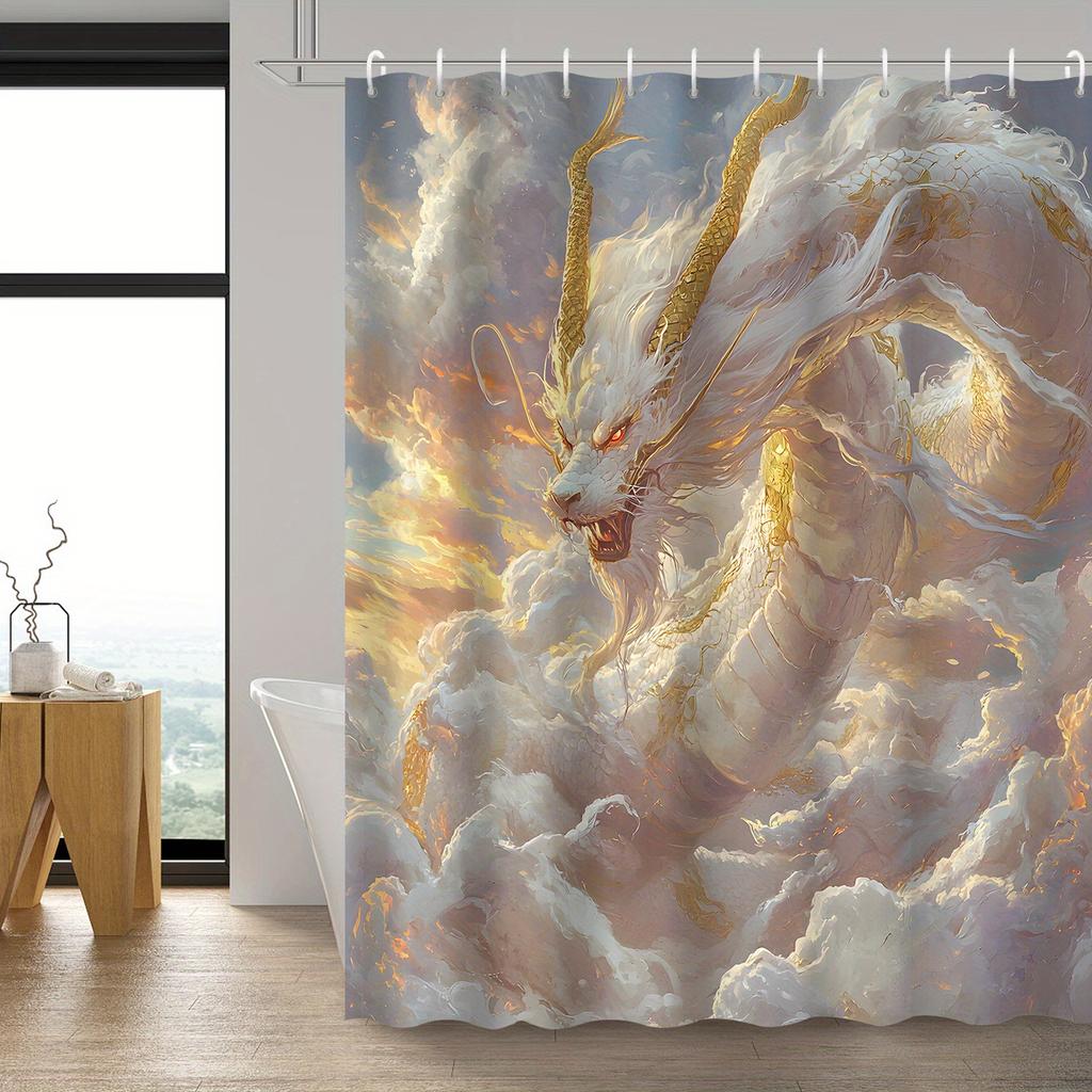 1PC Oriental Fantasy White Dragon Shower Curtain,Decorative Printed Design with Hooks,Durable Polyester,for Bathroom &Home Decor