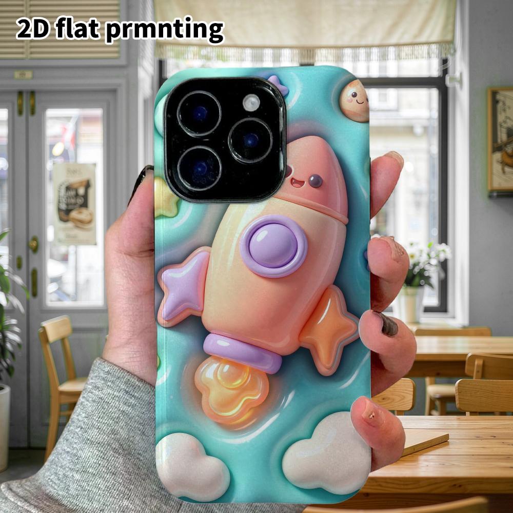Phone case: 2D flat design suitable for iPhone 18 17 16 15 14 13 Pro protective case, smiley little rocket, perfect holiday gift for Christmas and Hal