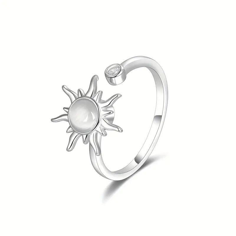 925 Sterling Silver Rotating Sun Moonstone Ring, Adjustable Open Spinner Ring with Cubic Zirconia, Fidget Anxiety Ring for Women