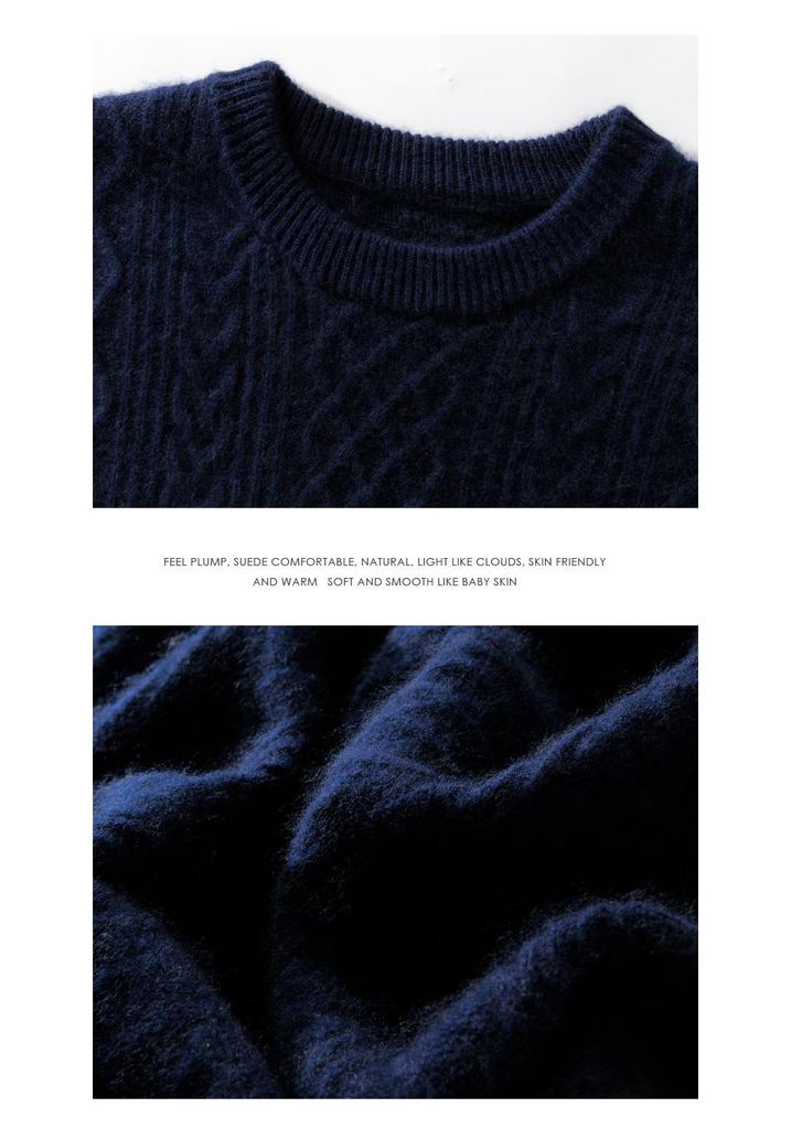 Men's Round Neck Thick Cable Knit Cashmere Sweater - Loose Fit Jacquard Base Layer, Youth Business Casual Knitwear