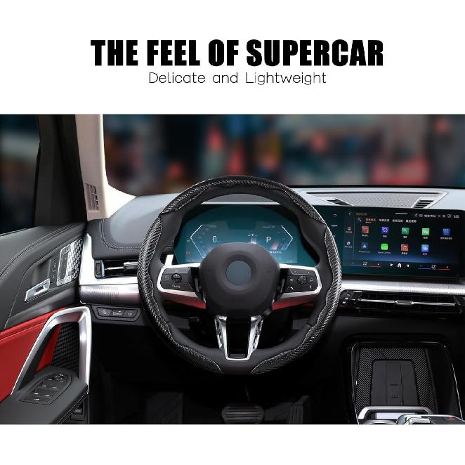 3 Piece Carbon Fiber Steering Wheel Cover,Car Steering Wheel Protector With Non-Slip Lining,Breathable Microfiber Universal For 14.5-15 Inch,Black
