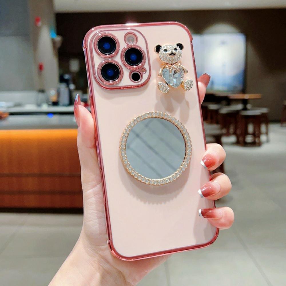 Чехол для iPhone 16 Pro с рисунком сердечек, гальванизированный ТПУ чехол для телефона с маленьким мишкой и зеркалом