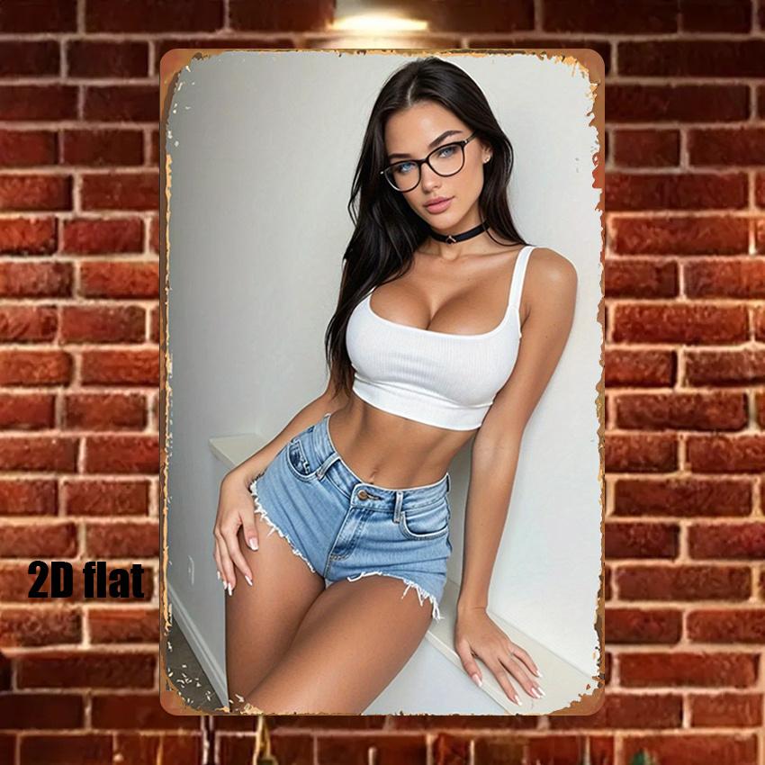 Beautiful Woman with Glasses in White Crop Top and Denim Shorts Vintage Metal Tin Sign Wall Decor