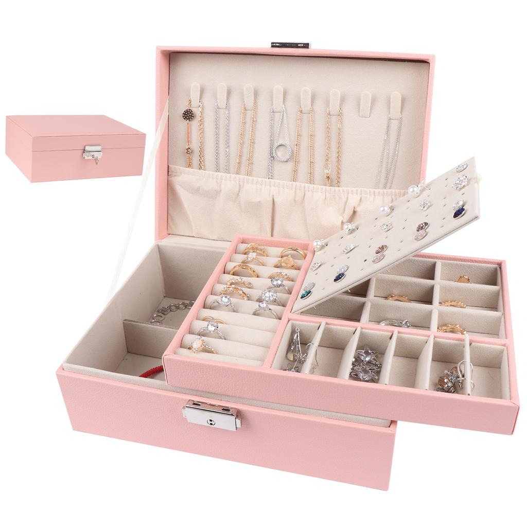 Pu Large Creative Jewelry Box For Women Girls, Double-Layer Lockable