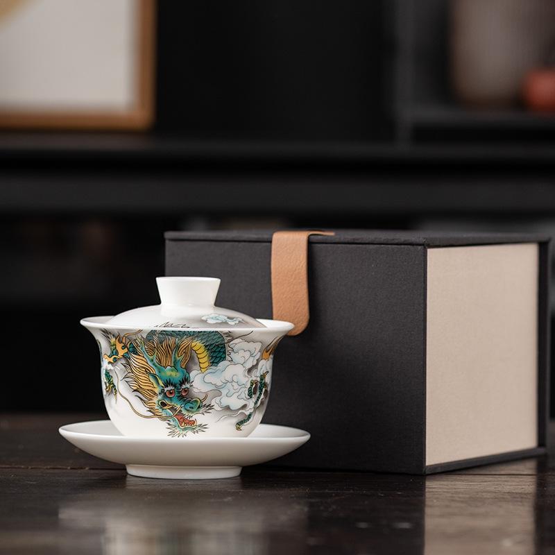 Фарфоровый гайвань Longteng Jade Sancai. Высококлассные бизнес-подарки для ведущих преподавателей и отцов, высококачественные сувениры для ежегодного собрания компании