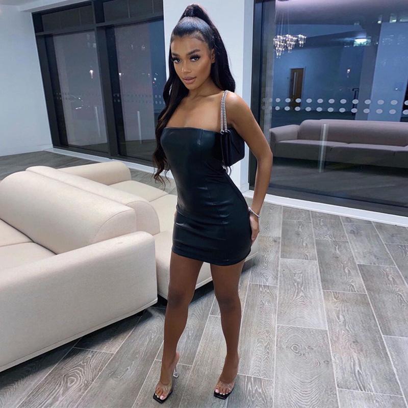 Women Summer Sexy Party Strapless Bodycon Pu Leather Slim Package Hip Black Mini Dress Sundress 2022 Female Clothing