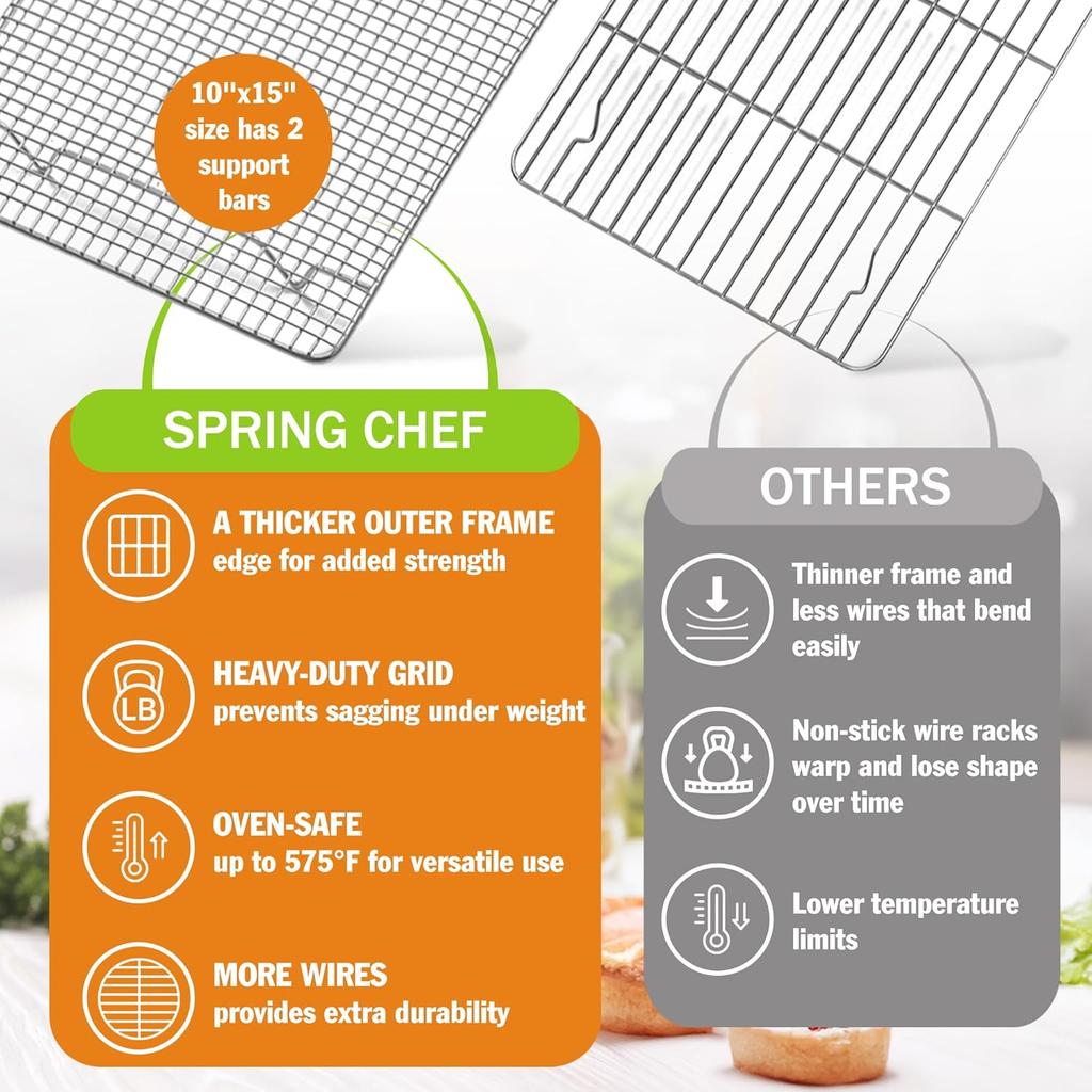 Spring Chef 10 x 15 Inch Stainless Steel Cooling Rack for Cooking & Baking - Heavy Duty Cookie Cooling Rack for Kitchen - Oven Safe - Fits Jelly Roll