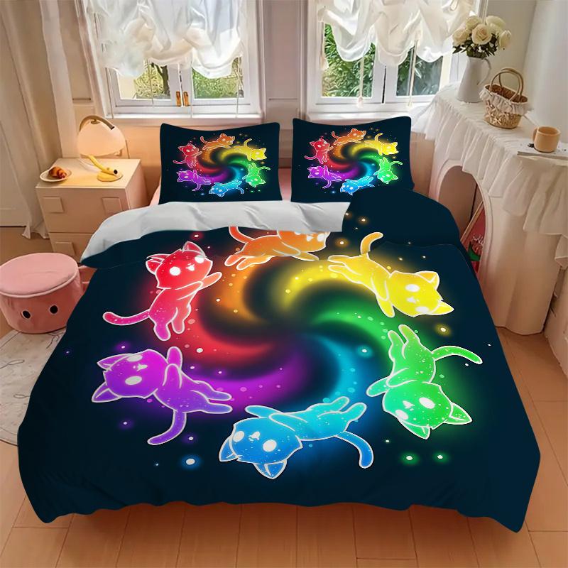 3pcs Six Colorful Cute Kittens Quilt Set Cartoon Themed Bed Quilt Set Lovely Character Bedroom Decor Bed Quilt Set Four Seasons (1 Cover + 2Pillo