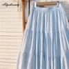 Весна-лето Женская милая юбка А-силуэта с высокой талией, светло-голубая юбка с вырезом, базовые женские хлопковые элегантные женственные юбки