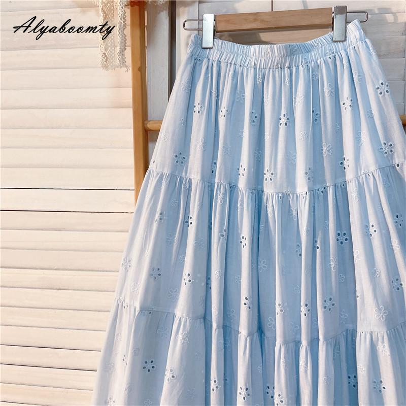 Весна-лето Женская милая юбка А-силуэта с высокой талией, светло-голубая юбка с вырезом, базовые женские хлопковые элегантные женственные юбки