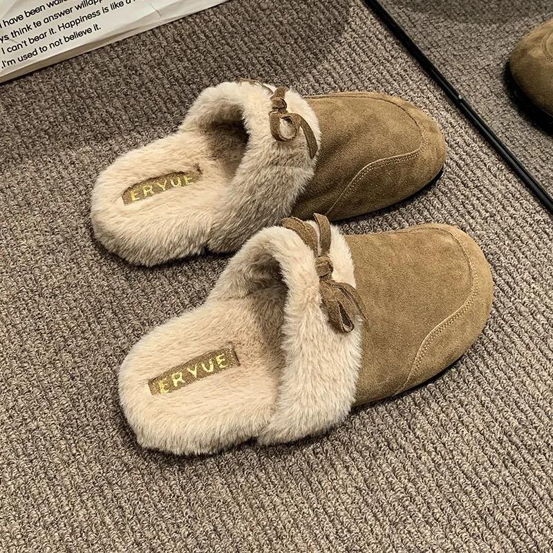 2024 Мода Женская Обувь Баотоу Женские Тапочки Горячая Распродажа Бант-бабочка Повседневные Тапочки Женские Зимние Плюс Бархат Плоские Тапочки