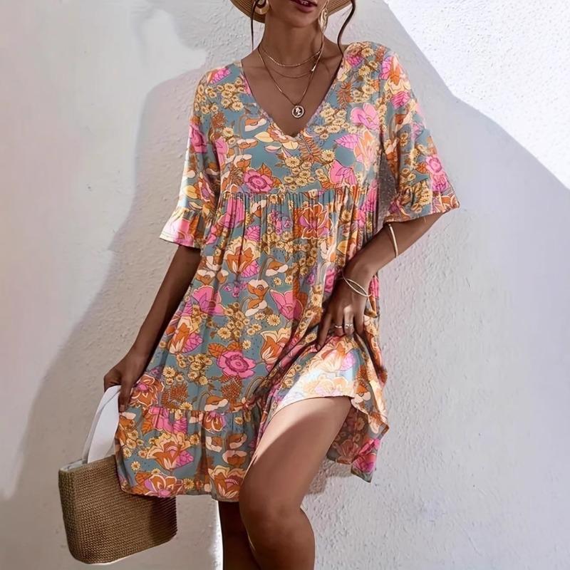 Женское повседневное летнее платье в стиле бохо с V-образным вырезом и цветочным принтом