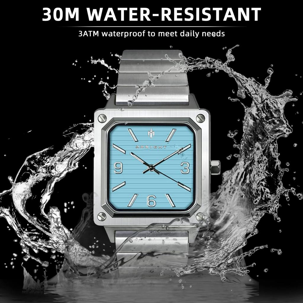 AKNIGHT Популярные часы с текстурированным циферблатом-жалюзи, водонепроницаемые, аналоговые, кварцевые, деловые, с секундной стрелкой, из нержавеющей стали, подарок на день, мужские, с большим легко читаемым квадратным циферблатом