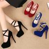 Women 14cm High Heels 4cm Platform Scarpin Valentine Heels Pumps Lady Extreme Heels Flock Plus Size Gladiator Strappy Shoes