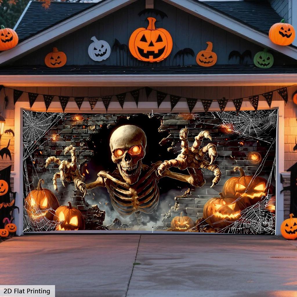1pc Extra Large Halloween Garage Door Decoration - Scary Skull Breaking Through the Wall with Glowing Eyes, Spider Webs