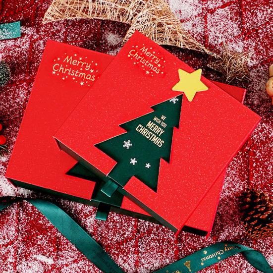 Christmas Gift Box Xmas Eve Red Gift Box with Tree Pattern Presents Wrapping Container for Holiday Decoration