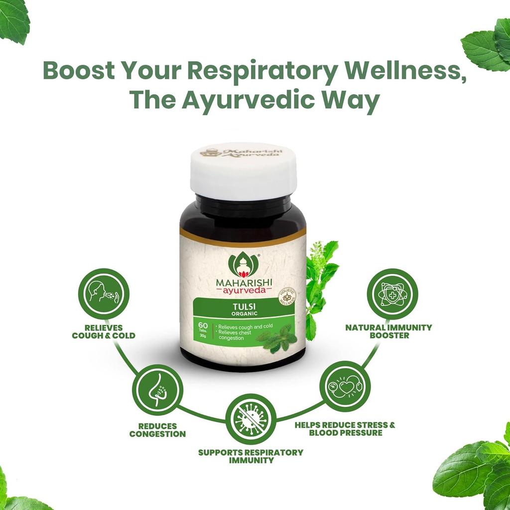 Maharishi Ayurveda Organic Tulsi Tablets | For Respiratory Wellness | Holy Basil | 100% Organic | 60 Tabs (Pack of 2)