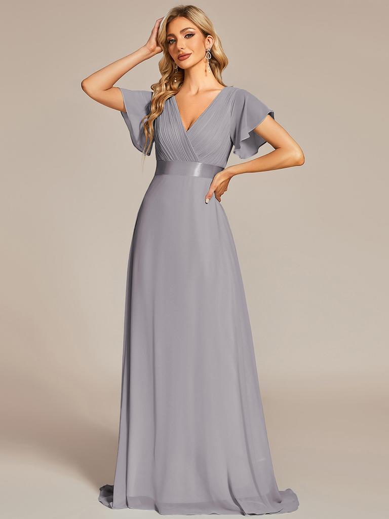 Ever-Pretty Women's Double V-Neck Empire Waist Floor Length Chiffon Evening Dresses with Short Flutter Sleeves